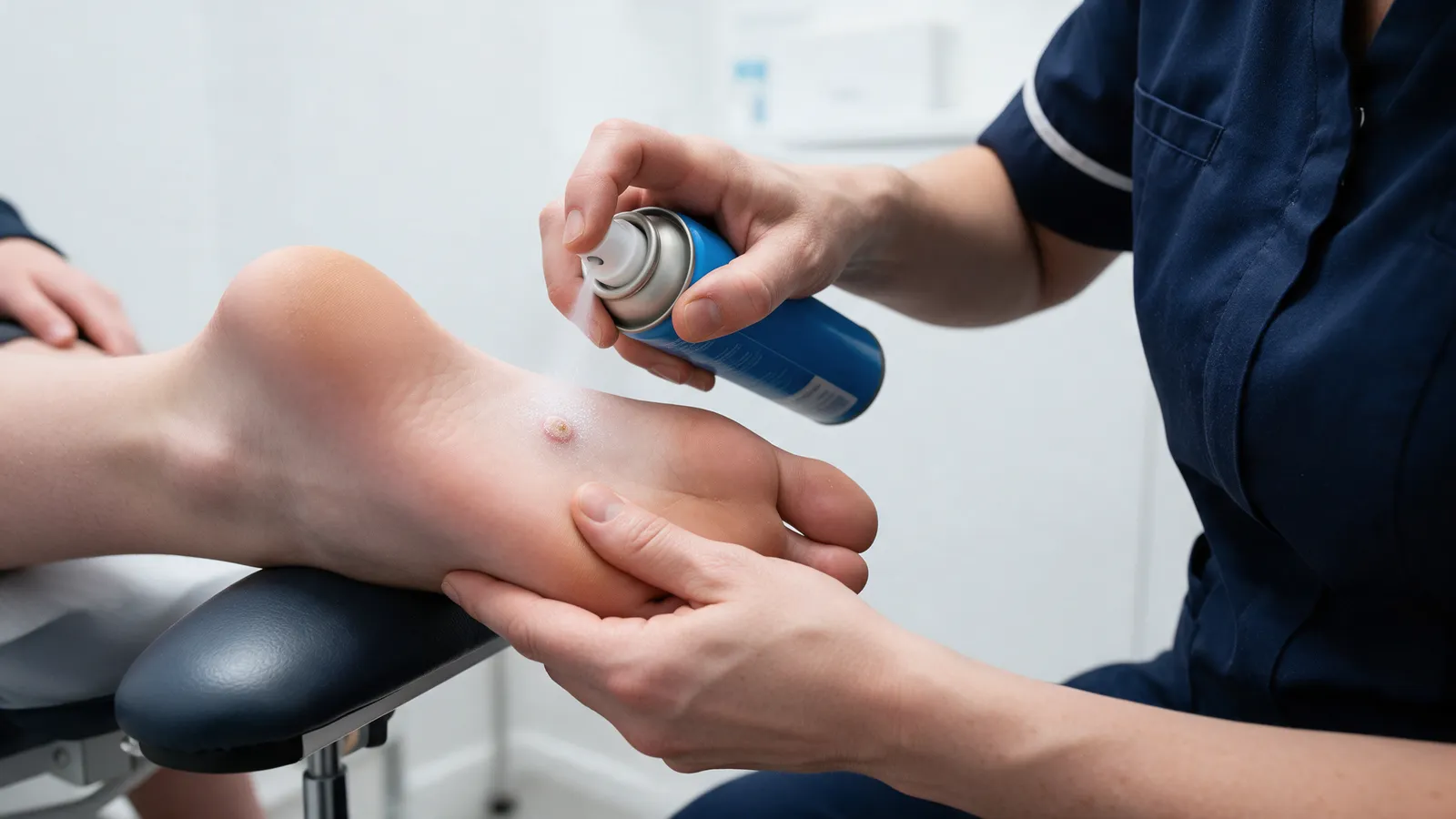 A podiatrist applying a cryotherapy spray to a small verruca on the sole of a teenager's foot resting on a footrest in a white clinic room