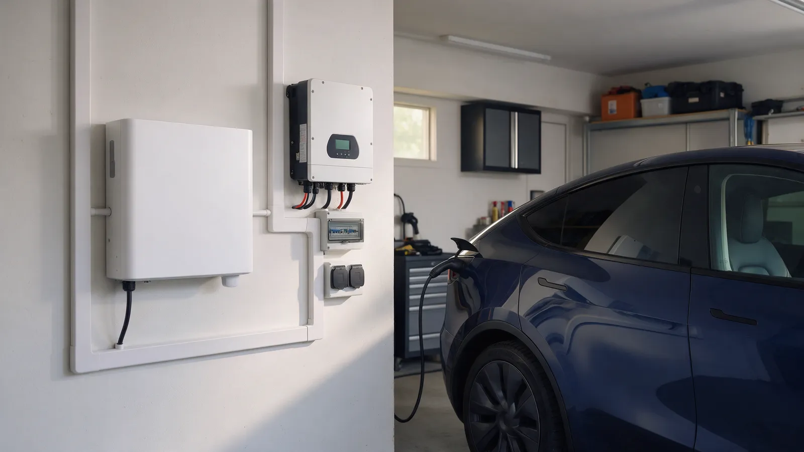 A white wall-mounted home battery and a hybrid inverter in a tidy garage, an electric car plugged in beside them