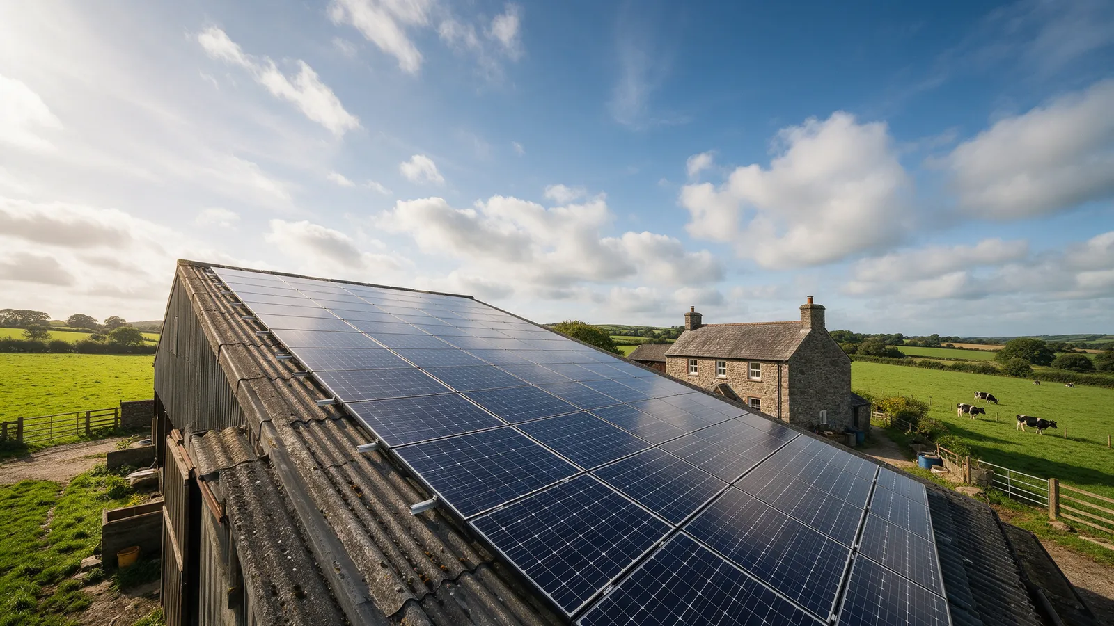 Rows of solar panels covering the long roof of a farm building, green fields and a farmhouse beside it under a bright sky