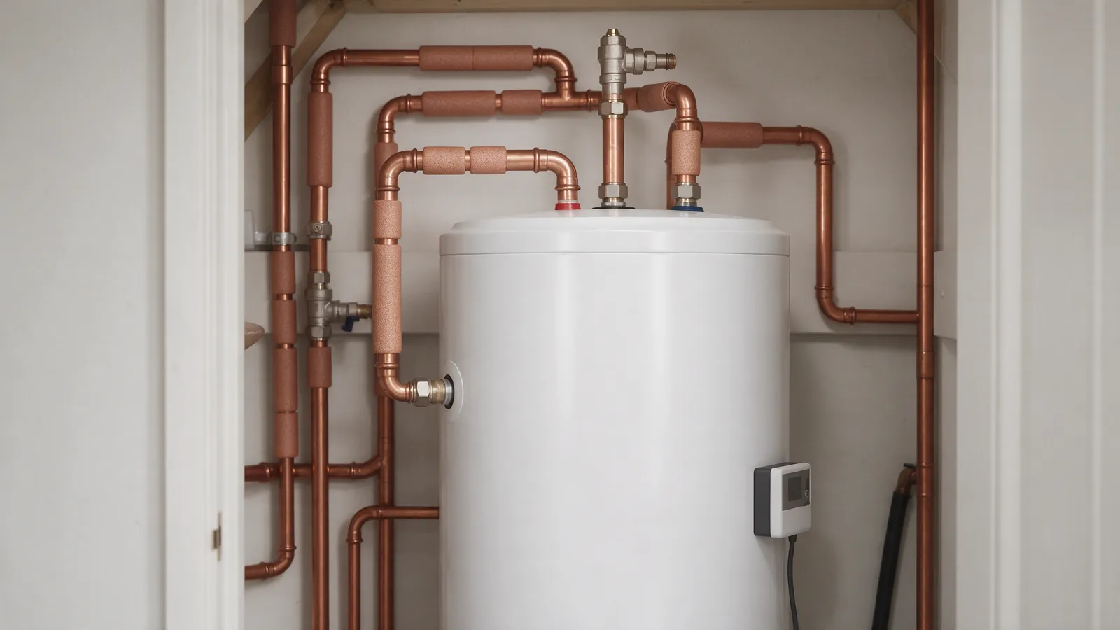 A new white hot water cylinder with neatly lagged copper pipes and a controller in an airing cupboard