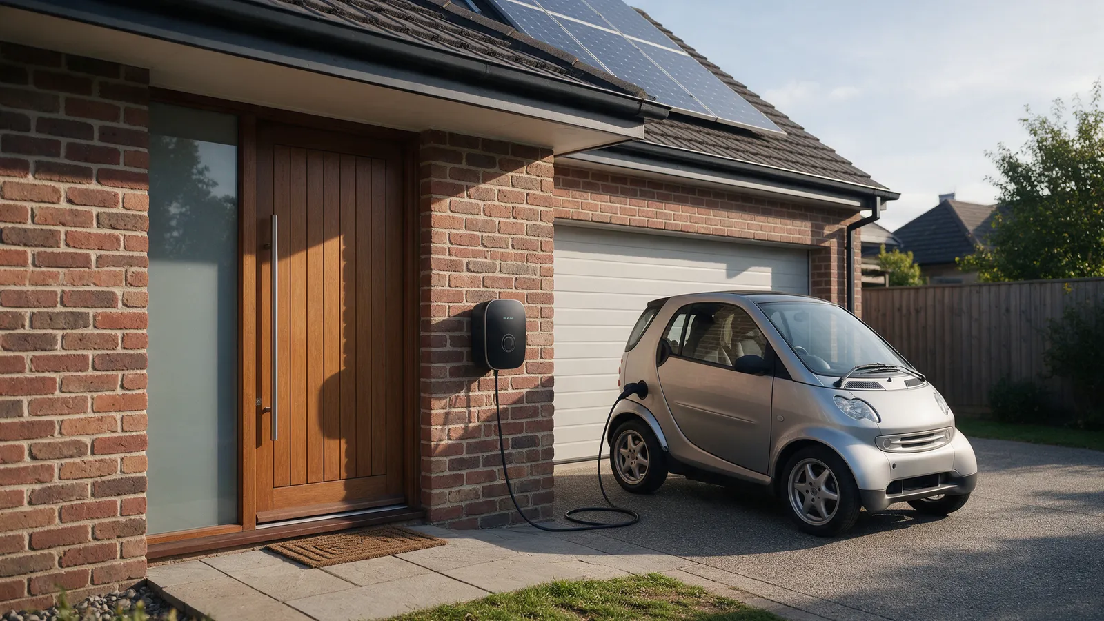 A black wall-mounted electric car charger beside a front door with a cable plugged into a small silver car on a driveway, solar panels on the roof above