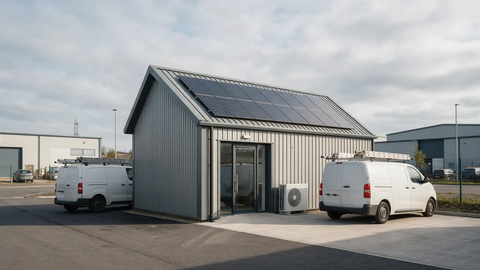 An industrial unit with solar panels on its roof, two white vans with ladders parked outside and a heat pump by the door
