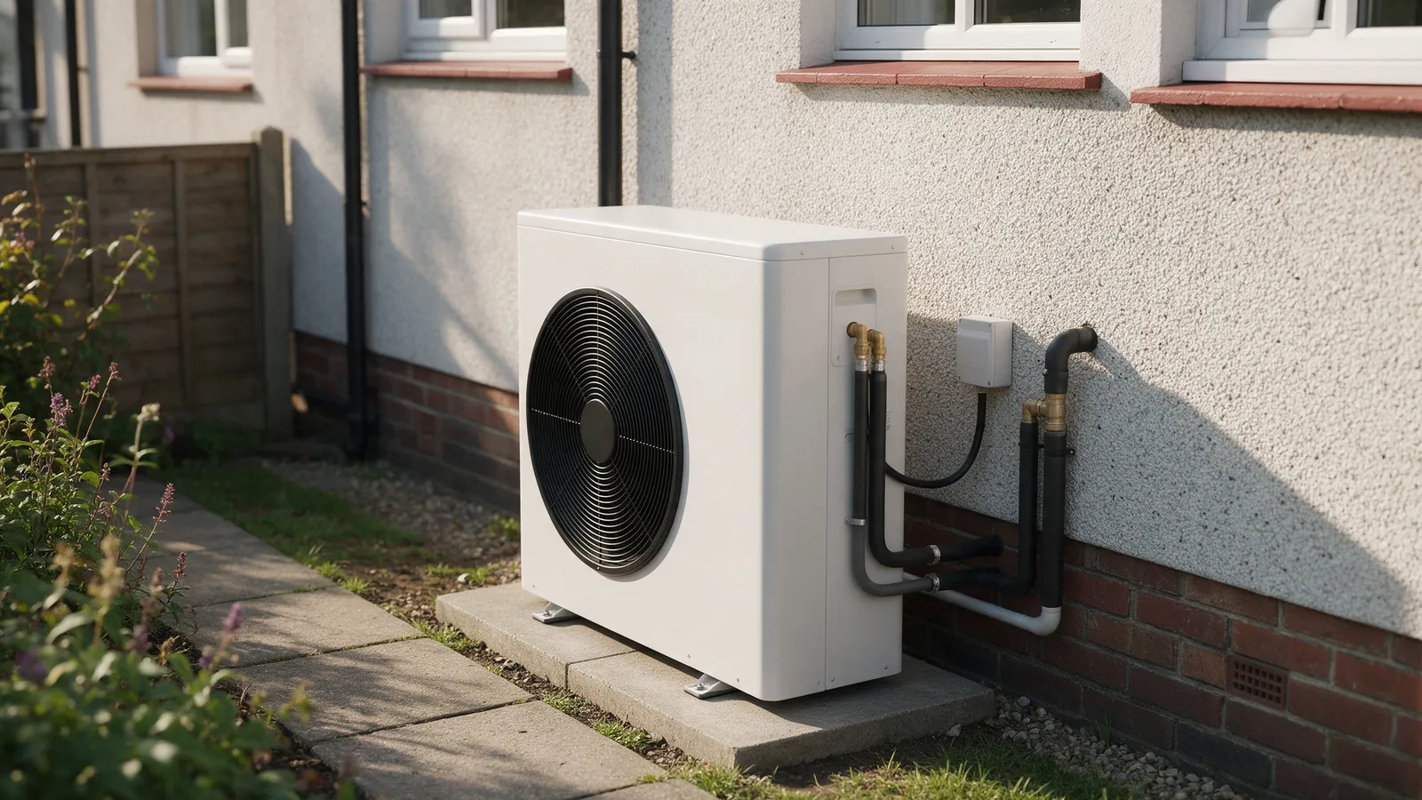 A white air source heat pump unit on a concrete pad against the rendered side wall of a semi-detached house, a neat garden path beside it