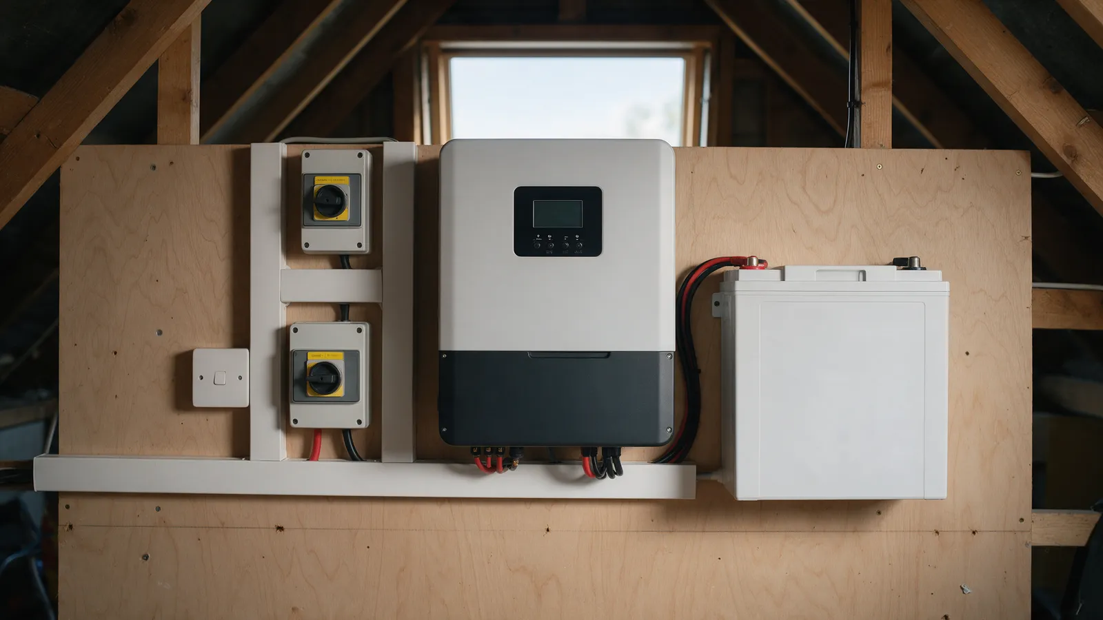 A hybrid inverter, isolator switches and a white battery neatly mounted on a boarded loft wall, cables in trunking
