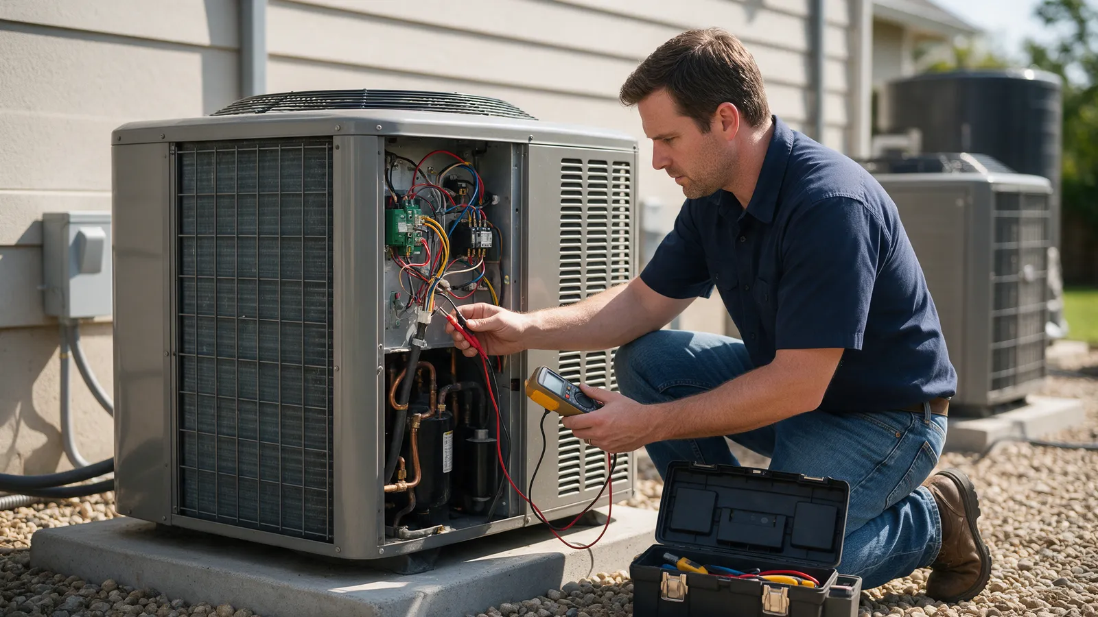 An engineer in a navy work shirt kneeling beside an outdoor heat pump unit with the cover off, checking it with a meter