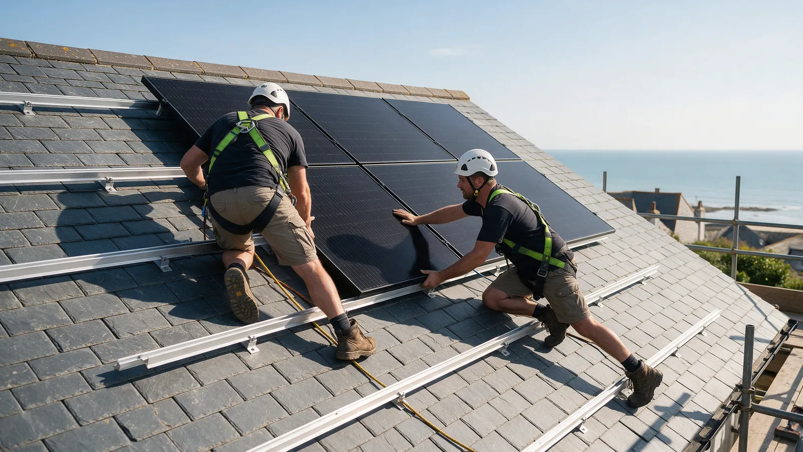 Two installers in harnesses fixing black solar panels to rails on a slate roof, the sea in the distance behind them