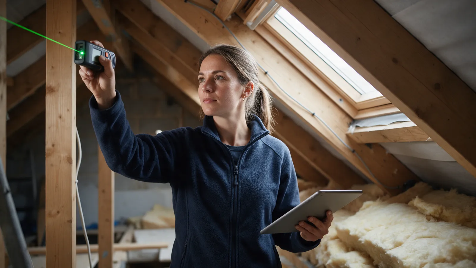 A surveyor in a navy fleece measuring a loft with a laser measure, a tablet in her other hand
