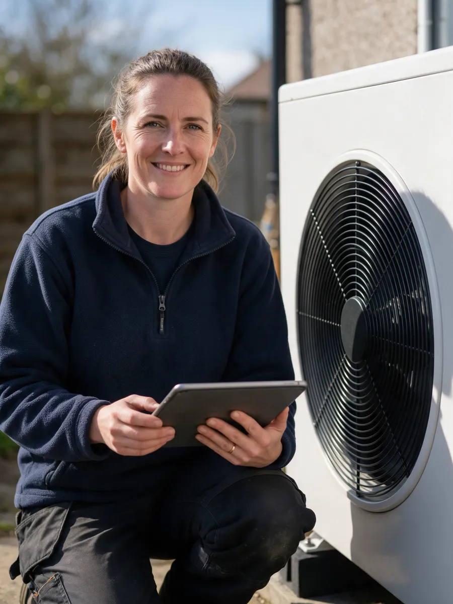 Kelly Bowen, a Welsh woman in her thirties with her hair tied back, in a navy fleece, kneeling beside an air source heat pump with a tablet