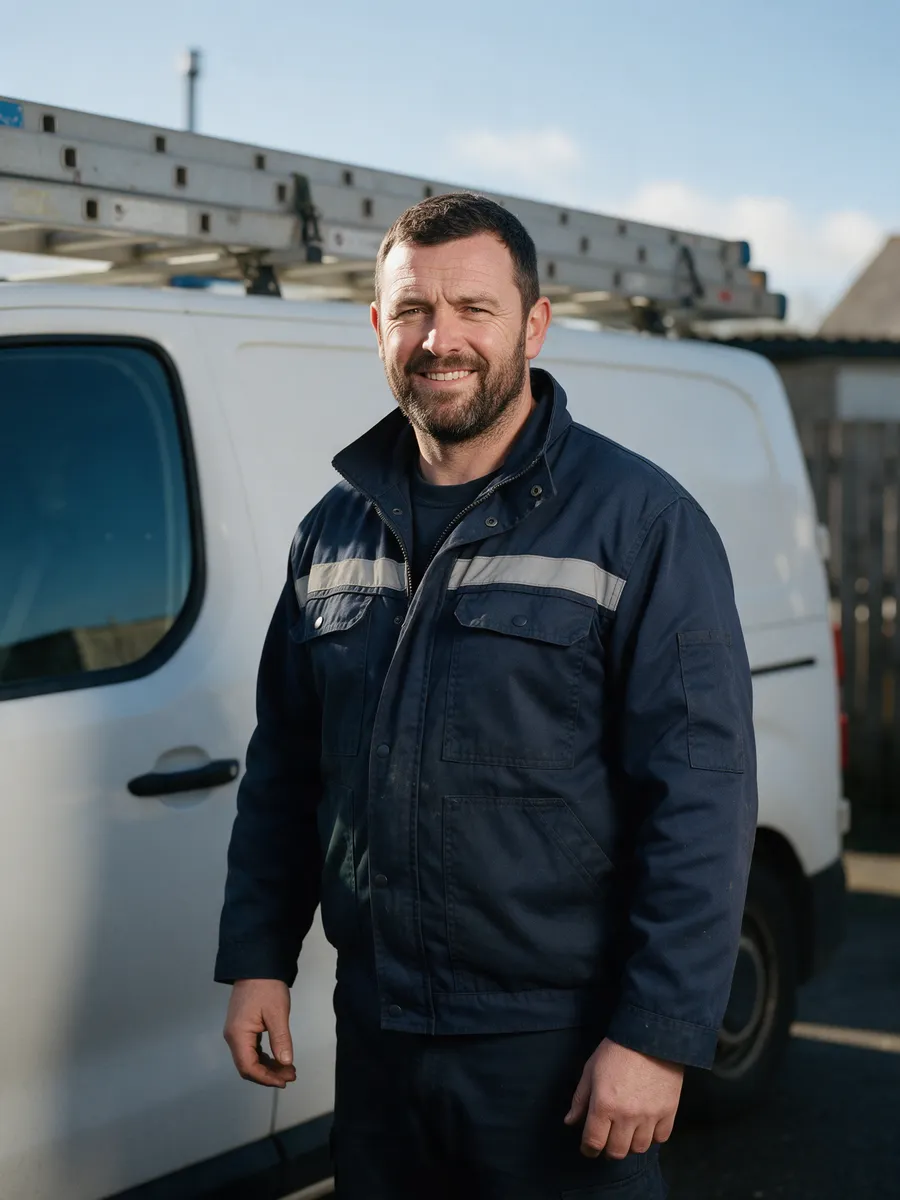 Rhodri Jenkins, a Welsh man in his forties with a short dark beard in a navy work jacket with a hi-vis stripe, standing by a van with ladders on the roof