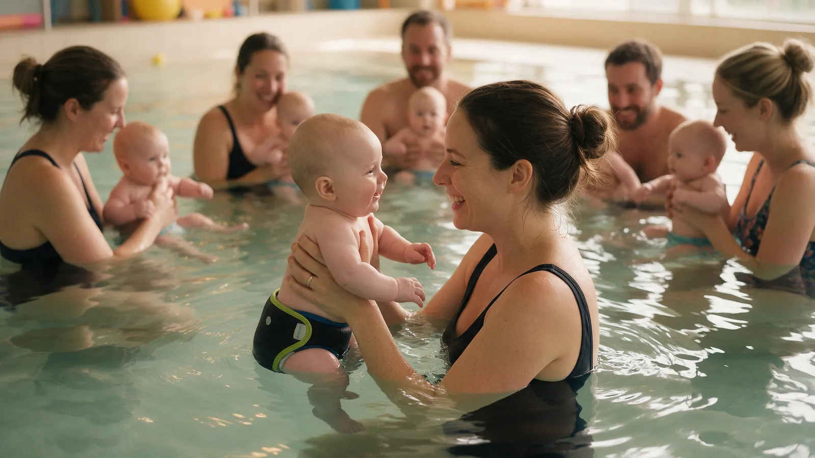 A mother in the water holding her six-month-old baby in a neoprene nappy wrap, smiling at each other, other parents and babies in a circle behind