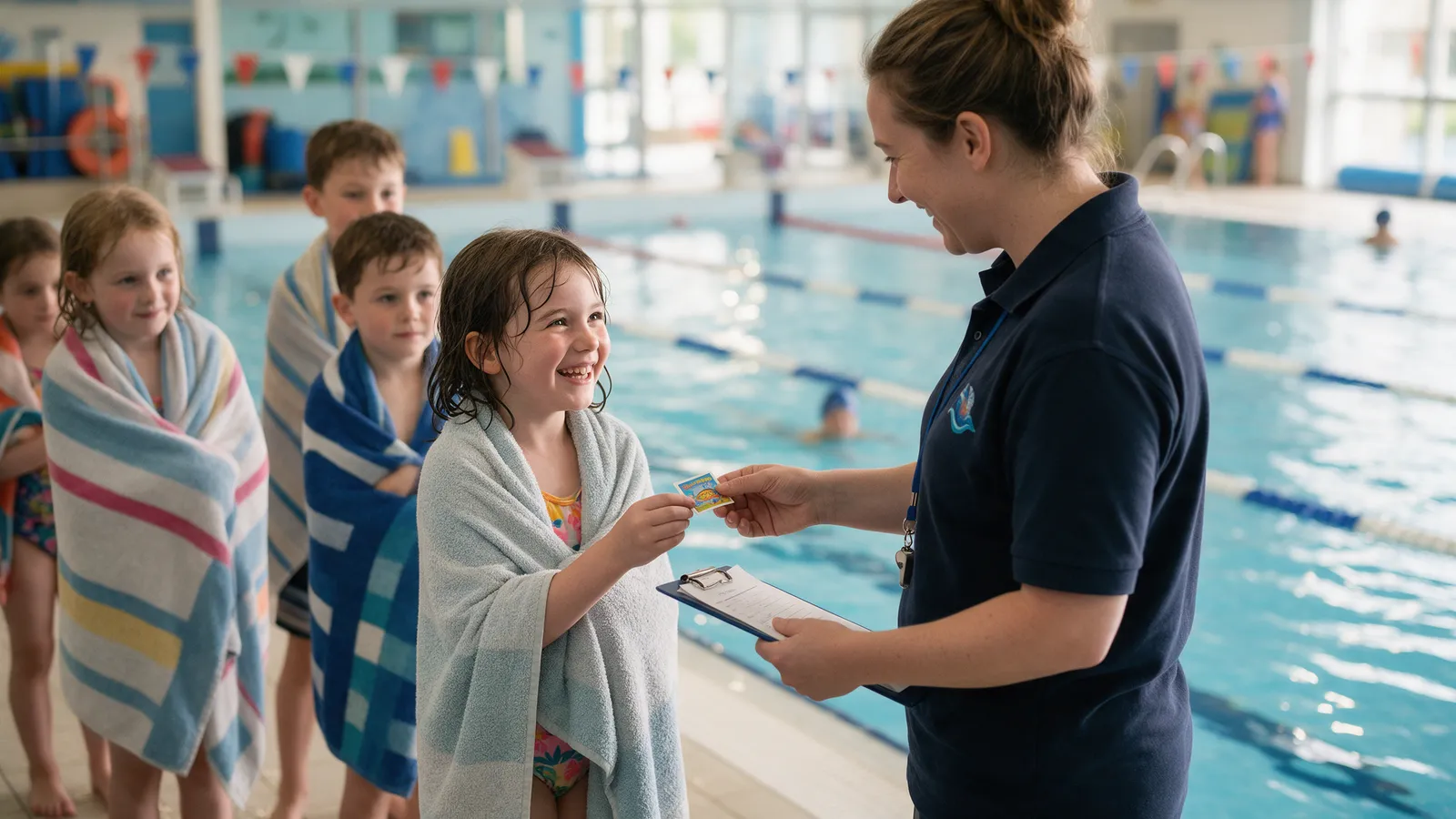 A swimming teacher on the pool side handing a small certificate badge to a beaming girl in a towel