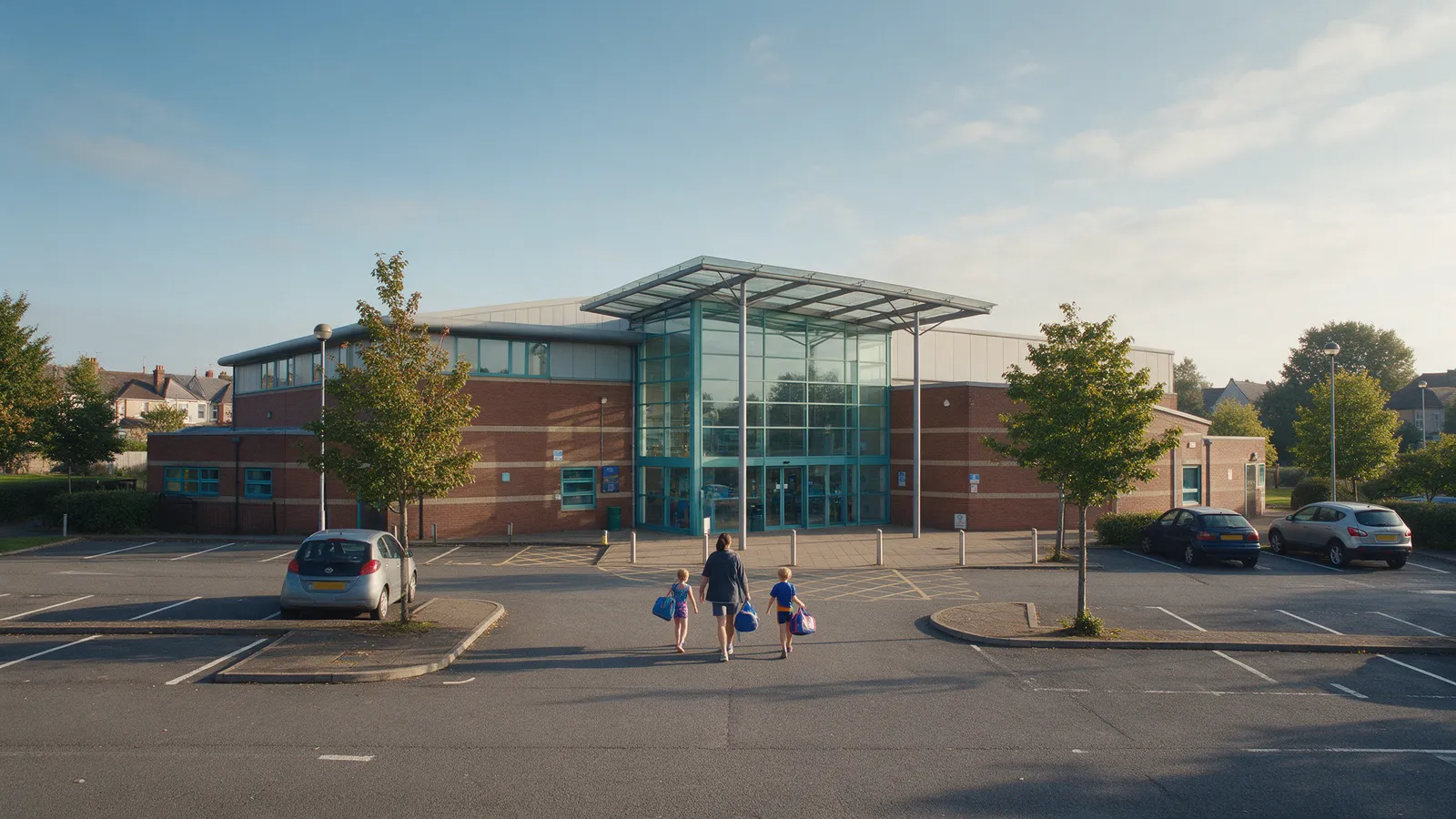 A brick and glass leisure centre in a Cardiff suburb on a bright morning, a parent walking in with two children carrying swim bags