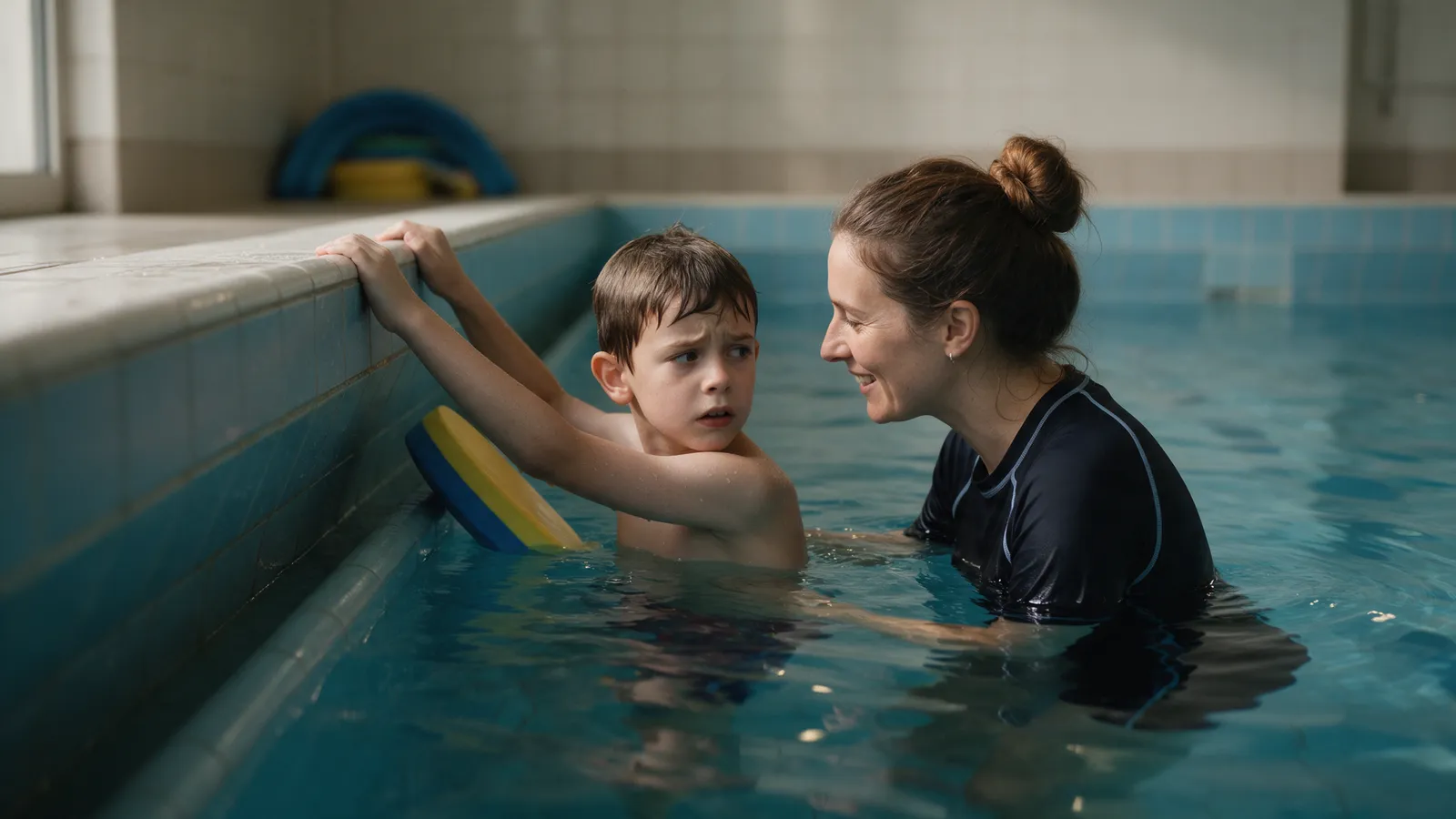 A nervous boy of about eight holding the pool wall with a float, a kind female teacher in the water close beside him at eye level