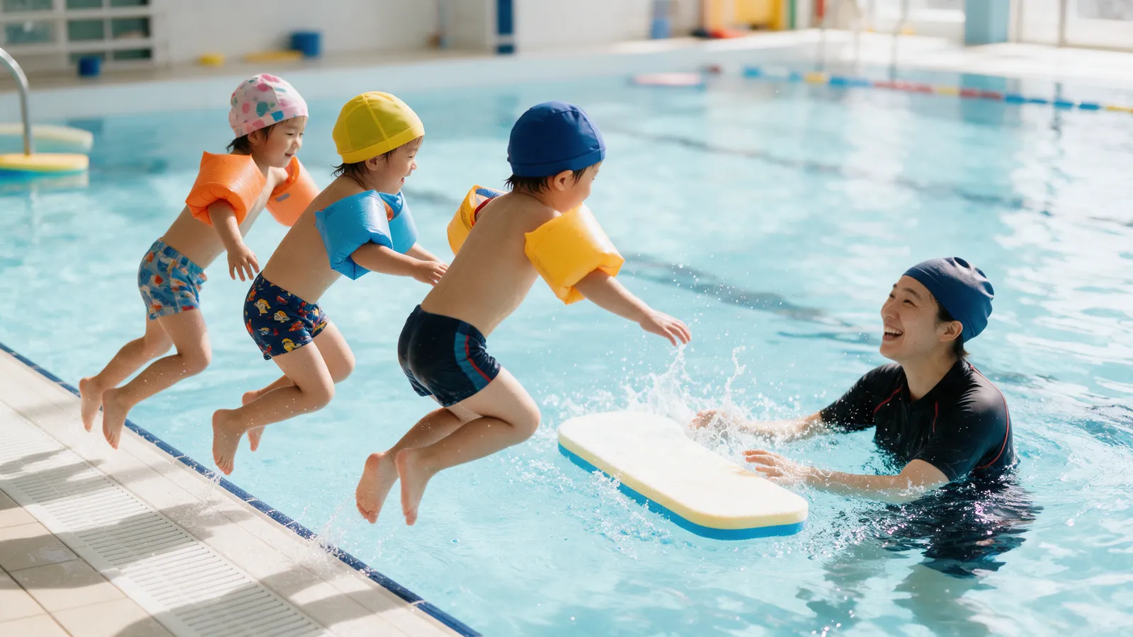Three children aged about four in armbands and colourful swim caps jumping from the pool edge to a smiling teacher in the water