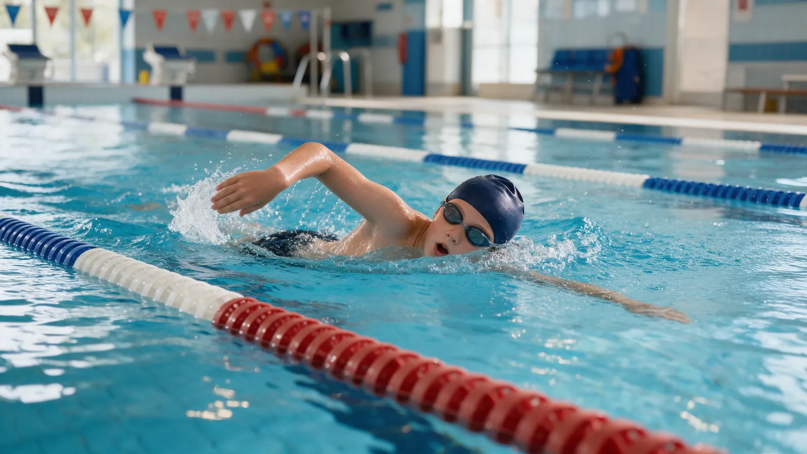 A child of about eleven swimming front crawl along a lane mid-stroke, one arm out of the water and a breath to the side