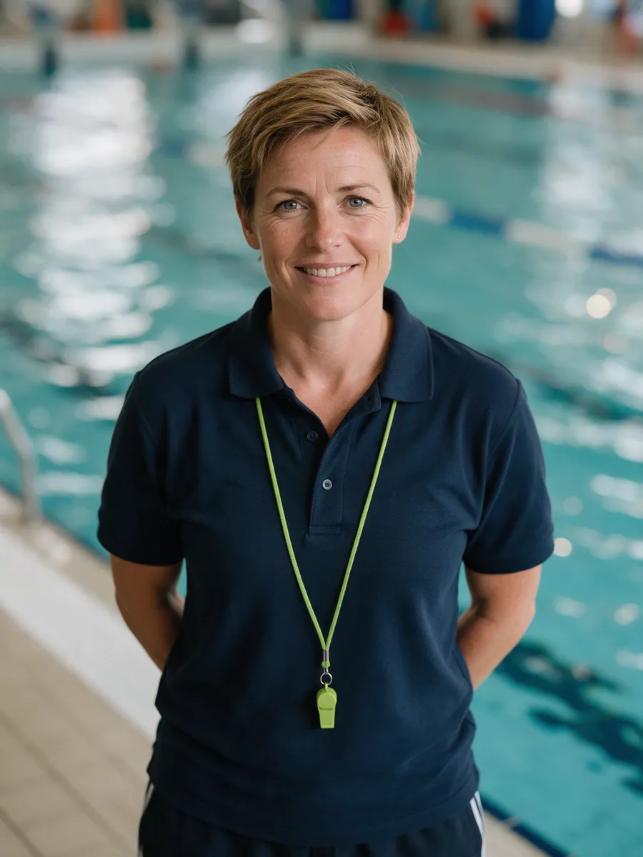 Gemma Watkins, a Welsh woman in her early forties with short sandy hair in a navy polo shirt and lime lanyard, on a pool side