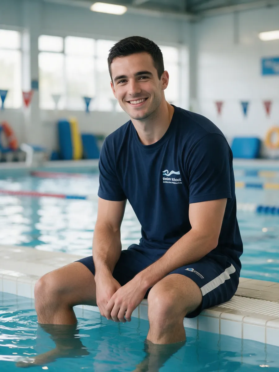 Owen Pritchard, a tall young man in a navy swim-school T-shirt sitting on the edge of a pool with his feet in the water, smiling