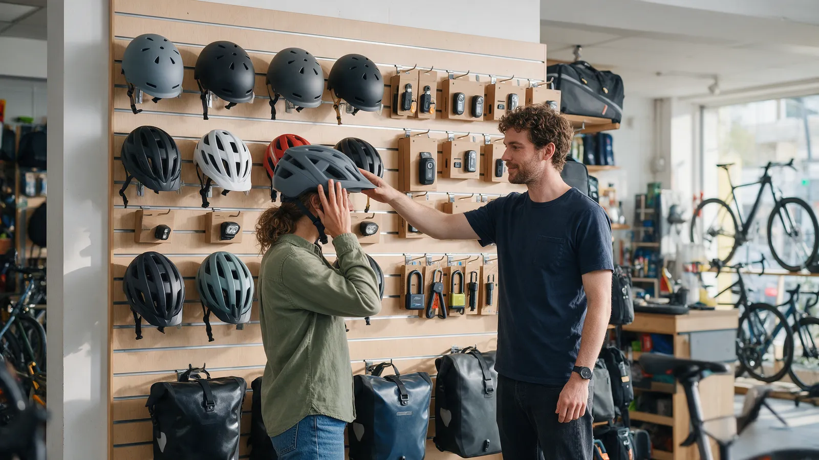 A member of staff helping a customer choose a helmet from a wall of helmets, bags and lights in a bike shop