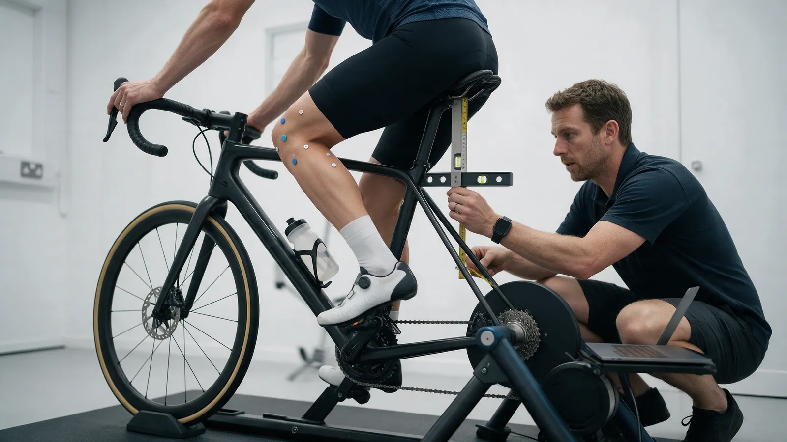 A bike fitter measuring a cyclist's knee angle with a goniometer while they pedal a road bike on a fit jig in a white studio