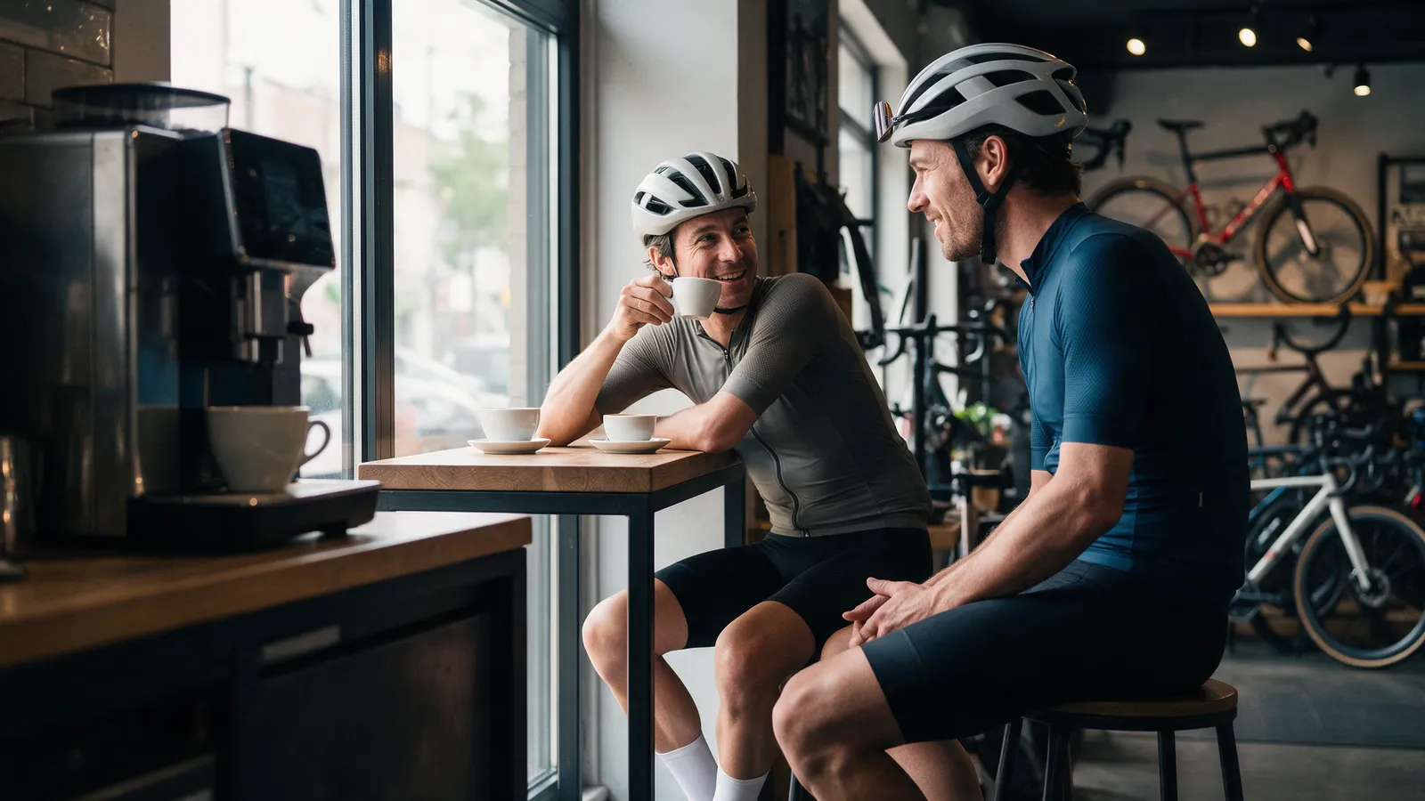 Two cyclists in helmets chatting over coffee at a small café counter inside a bike shop, bikes on display behind