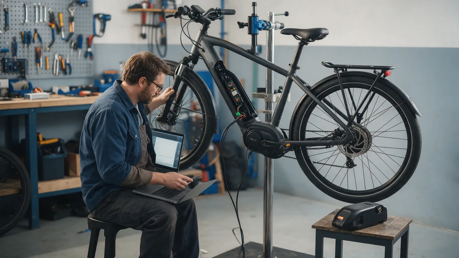 A mechanic at a workbench running a diagnostic laptop plugged into an electric bike in a bike workshop