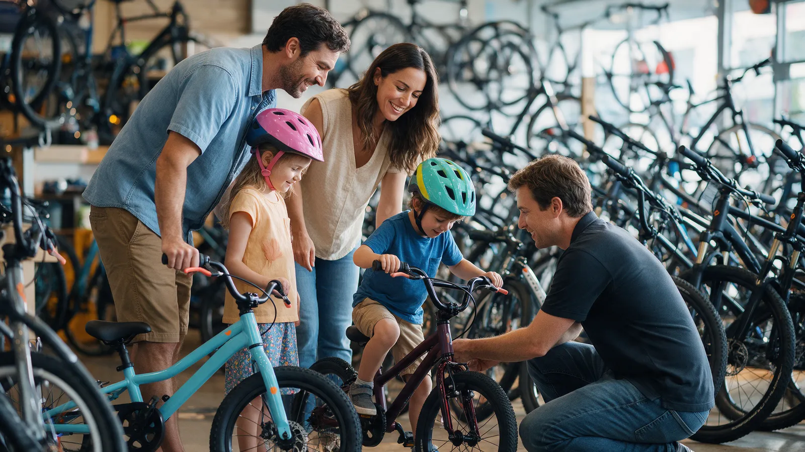 A family in a bike shop: two children in helmets trying bikes while a member of staff adjusts a saddle and the parents watch