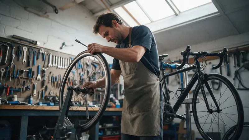 A mechanic in a canvas apron truing a wheel on a stand in a bright bike workshop, tools on a pegboard and bikes on stands behind