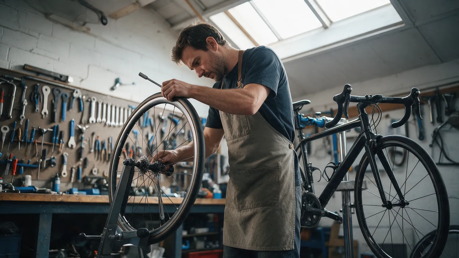 A mechanic in a canvas apron truing a wheel on a stand in a bright bike workshop with tools on a pegboard behind