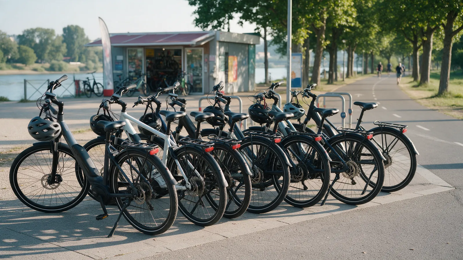 A row of matching hybrid hire bikes with rear racks lined up outside a bike shop on a sunny morning, trees and a river path behind