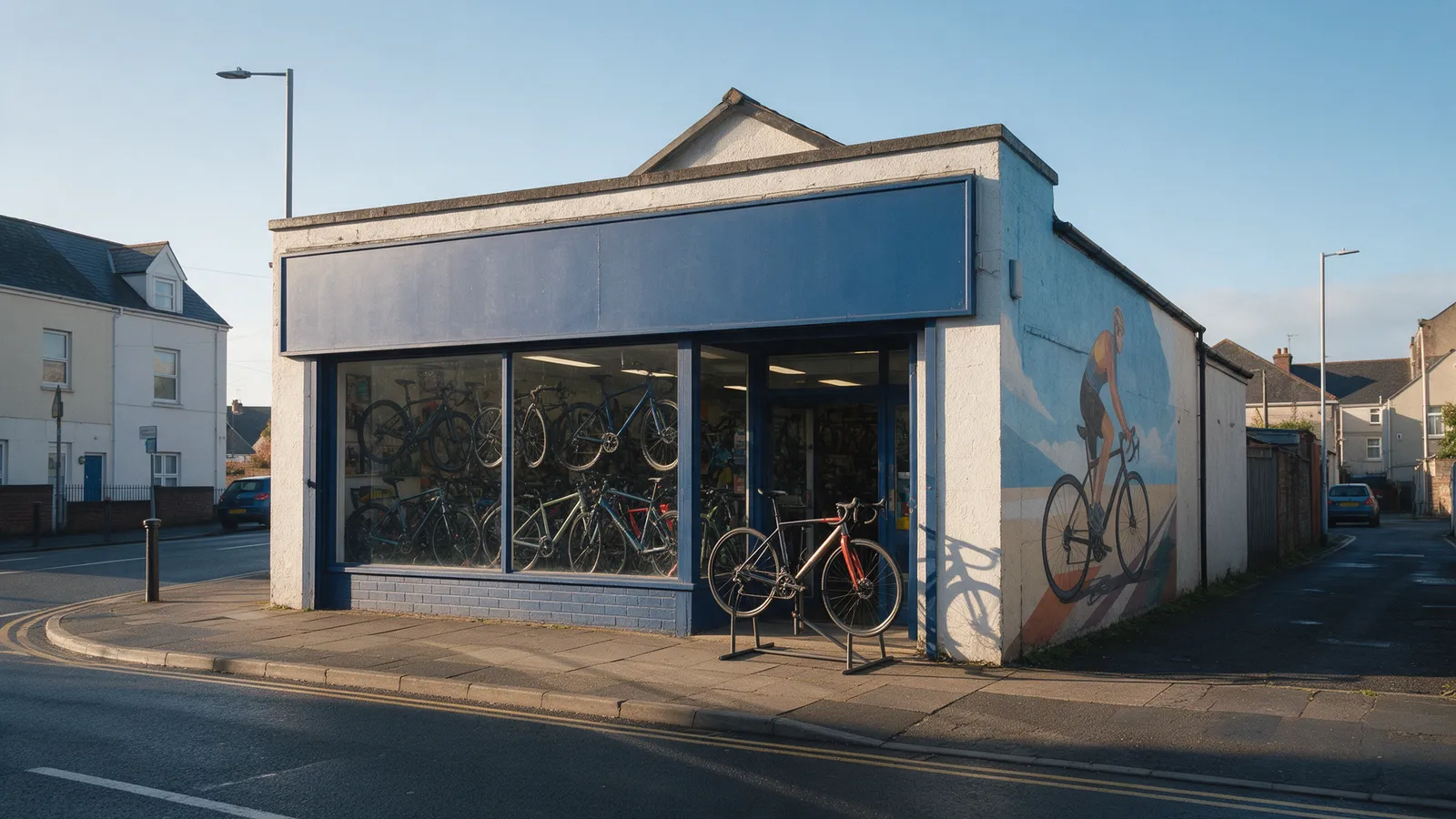 A blue-fronted independent bike shop on a Cardiff street corner with a cycling mural on the side wall and a bike locked outside under a clear sky
