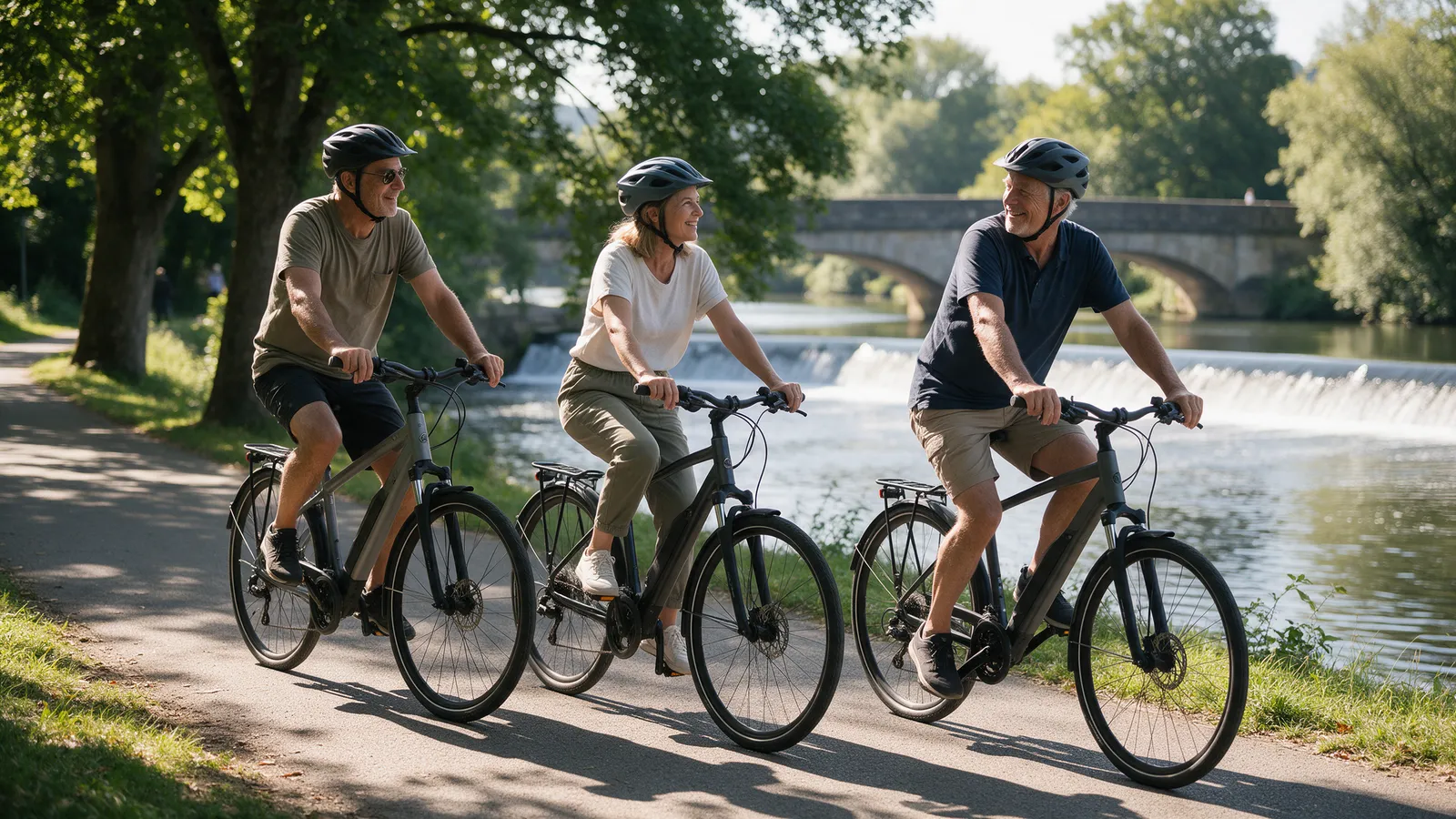 Three people on hire bikes riding along a tree-lined river path beside a weir on a sunny day, a stone bridge behind