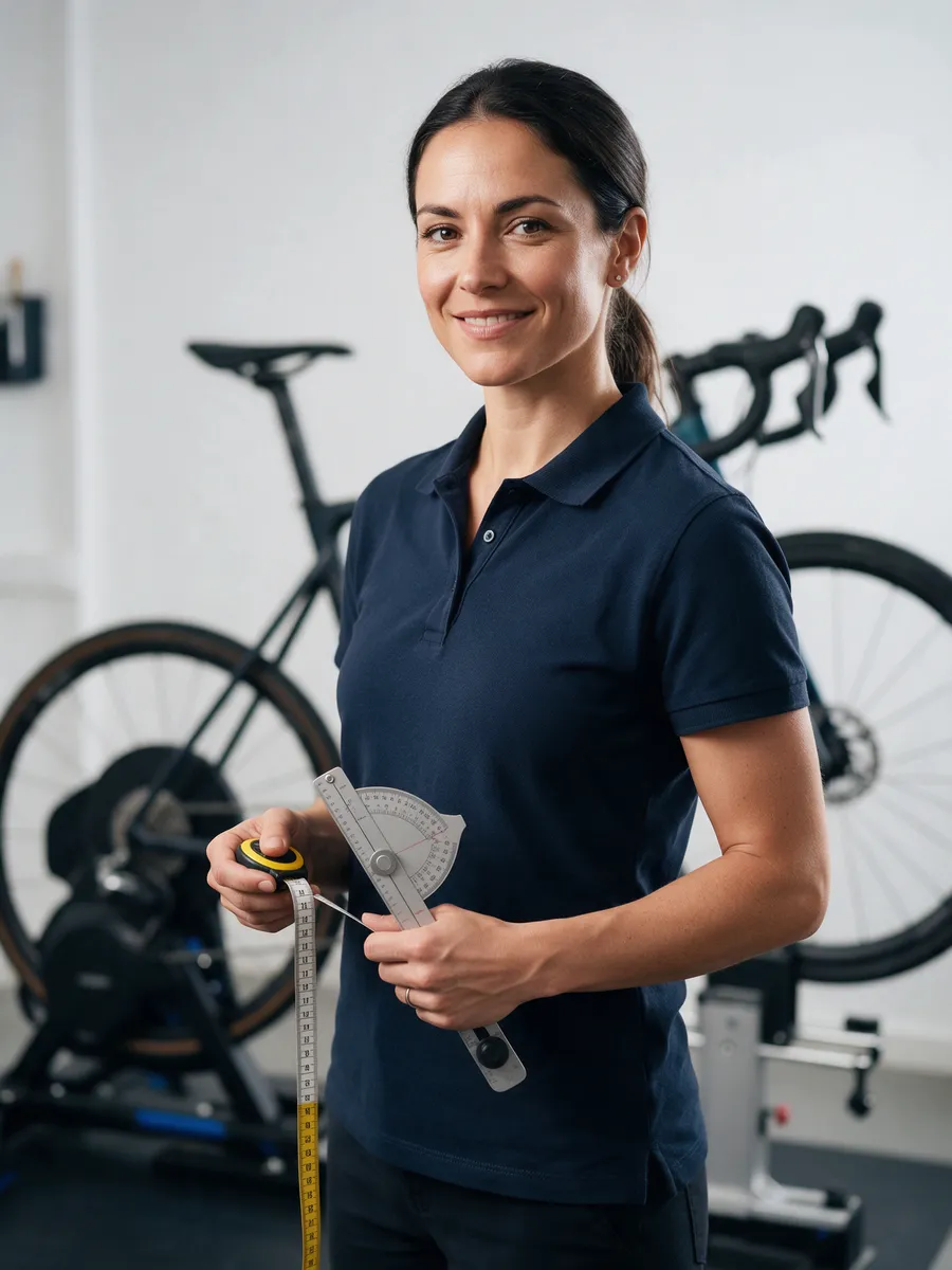 Sioned Harris, a woman in her thirties with dark hair tied back, in a navy polo shirt, holding a tape measure in a bike fitting studio with a fit jig behind
