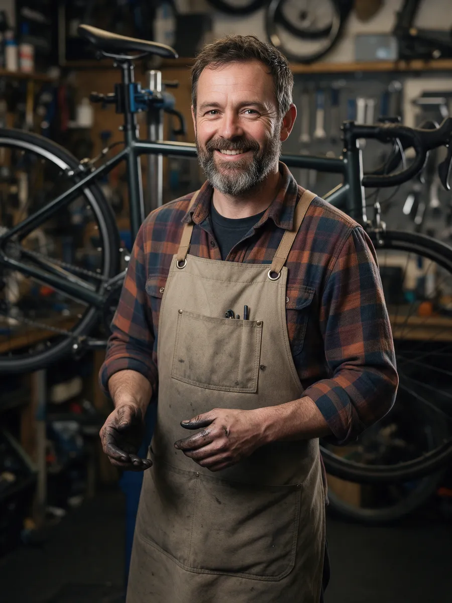 Huw Pritchard, a bearded man in his late forties in a plaid shirt and a canvas workshop apron, smiling in a bike workshop with bikes on stands behind