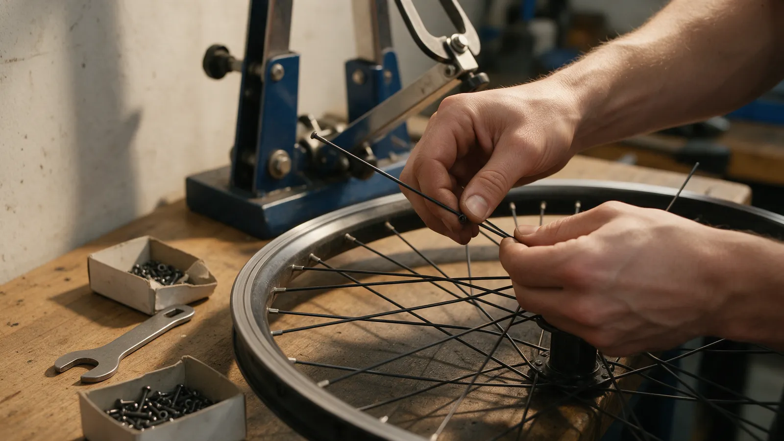 Hands lacing spokes into a wheel rim on a truing stand on a wooden workbench, a box of nipples and a spoke key beside it