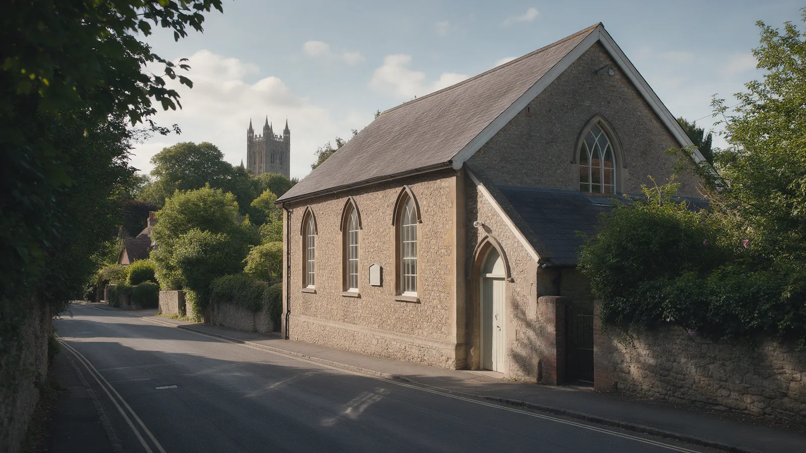 A converted chapel schoolroom with pointed-arch windows and a pale painted door on a leafy village street, a cathedral tower visible beyond the trees