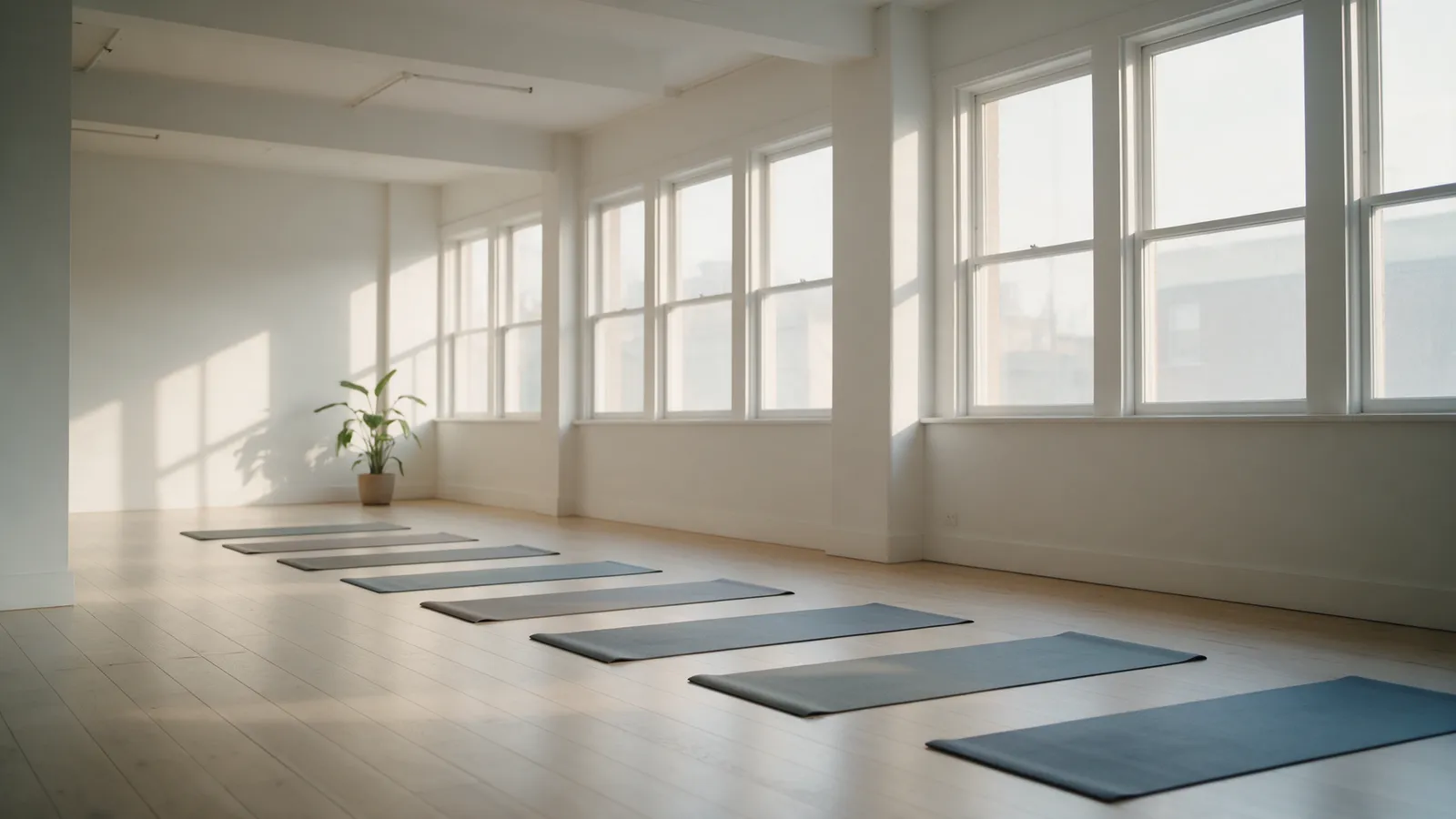 A calm, light-filled yoga studio with pale wooden floors, white walls, a row of mats laid out, large windows with soft morning light and a single plant