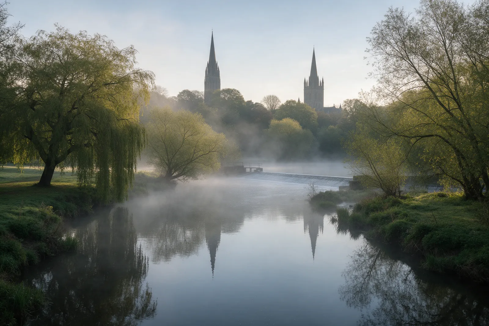 A still river in early morning mist with willows on the bank, a weir and a medieval cathedral spire rising above trees behind