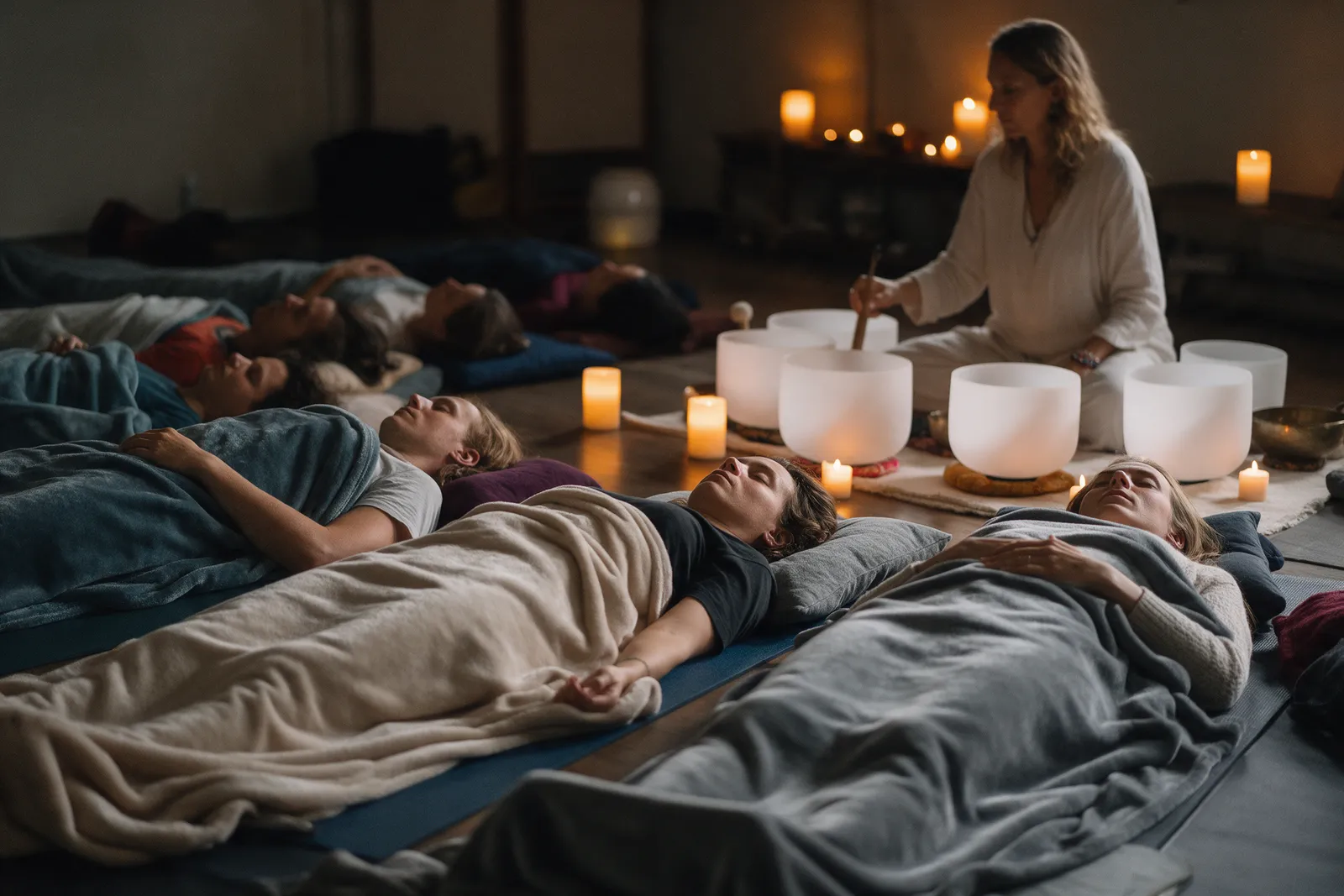 A sound bath workshop in a dim calm studio, people lying on mats under blankets with eyes closed, a teacher seated with crystal singing bowls, warm candlelight