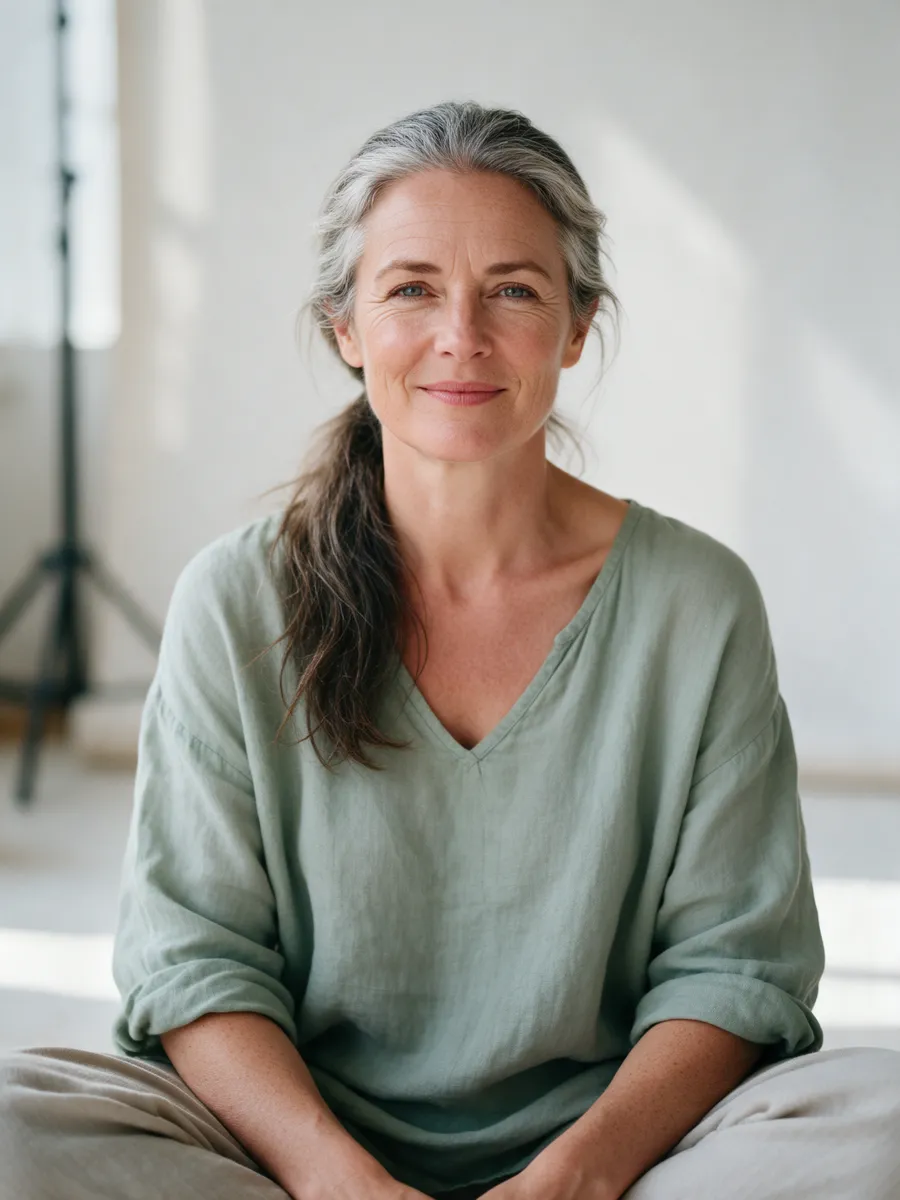 Eleri Hughes, a Welsh woman in her late forties with long grey-streaked hair tied back, in a soft sage linen top, seated cross-legged in a bright studio