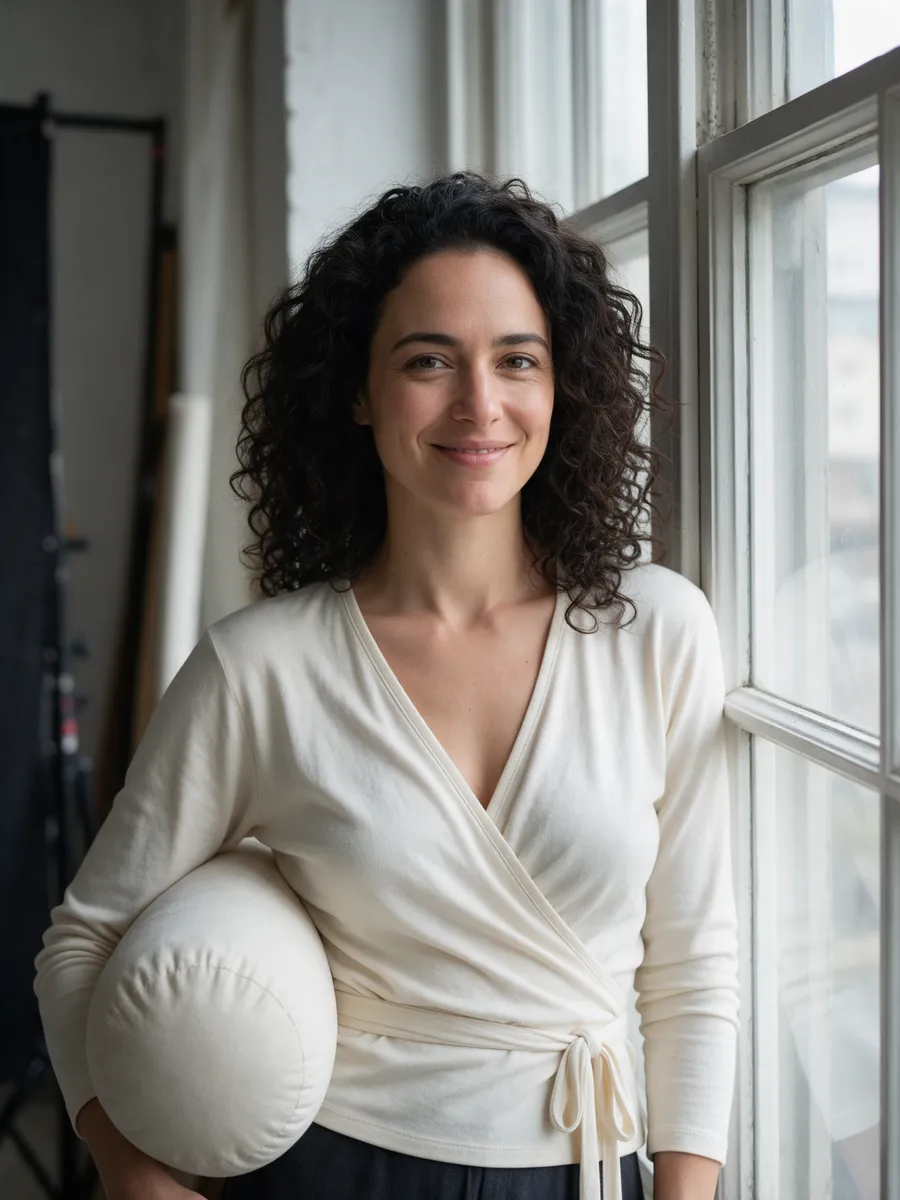 Nia Bevan, a woman in her early thirties with dark curly hair in a cream wrap top, standing by a studio window with a bolster under her arm