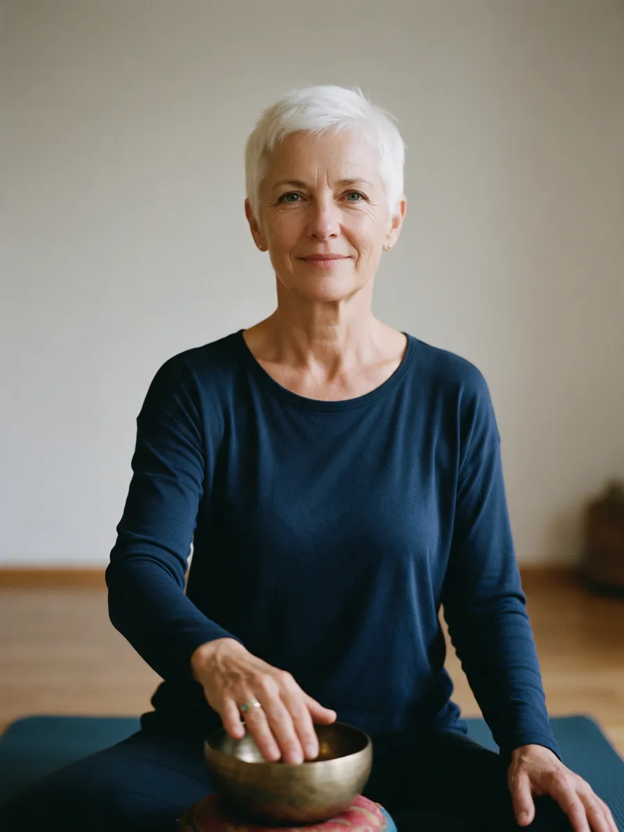 Ruth Mackay, a woman in her early sixties with short white hair in a navy long-sleeved top, seated on a mat with a hand on a singing bowl