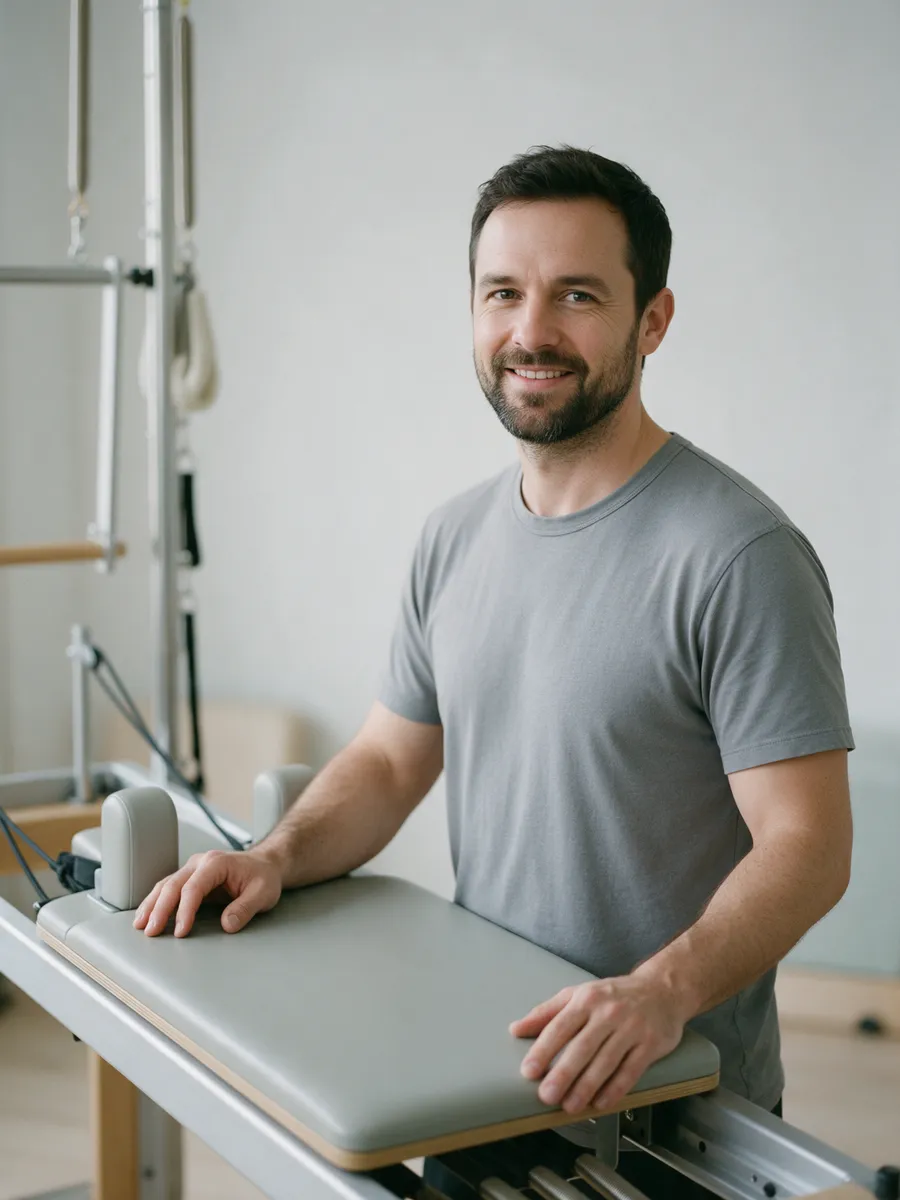 Sam Driscoll, a man in his late thirties with short dark hair and a beard in a plain grey t-shirt, standing beside a Pilates reformer in a pale studio