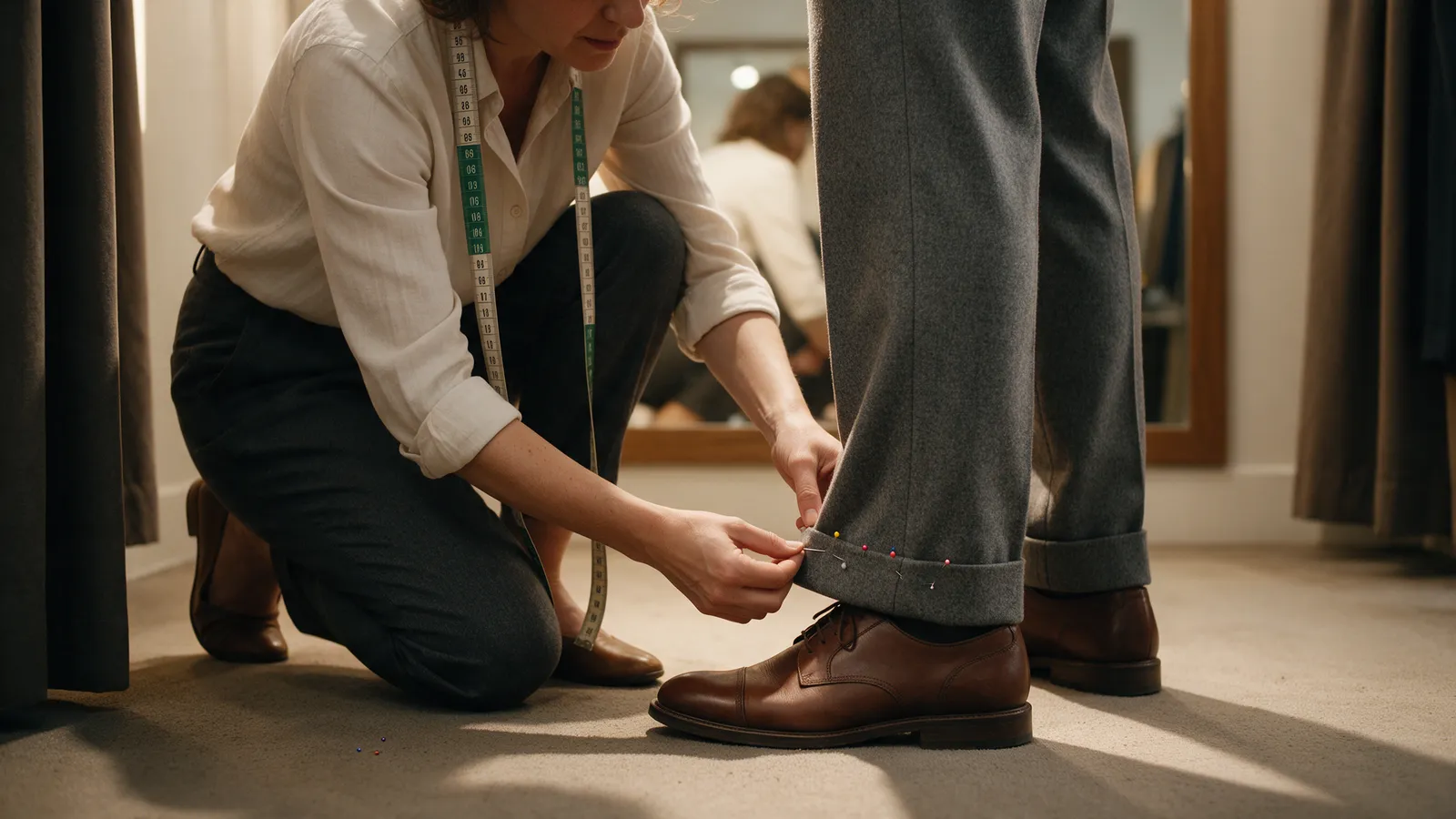 A seamstress kneeling to pin the hem of a customer's grey trousers in a fitting room, a long mirror and a tape measure round her neck