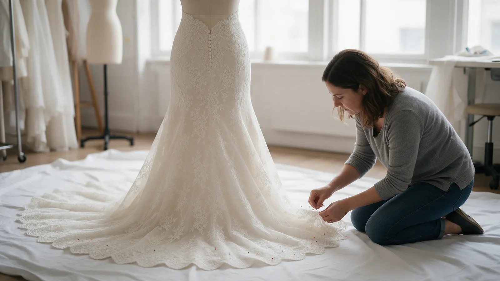 An ivory lace wedding dress on a dressmaker's form in a bright fitting room, a seamstress pinning the hem with the train spread on a white sheet