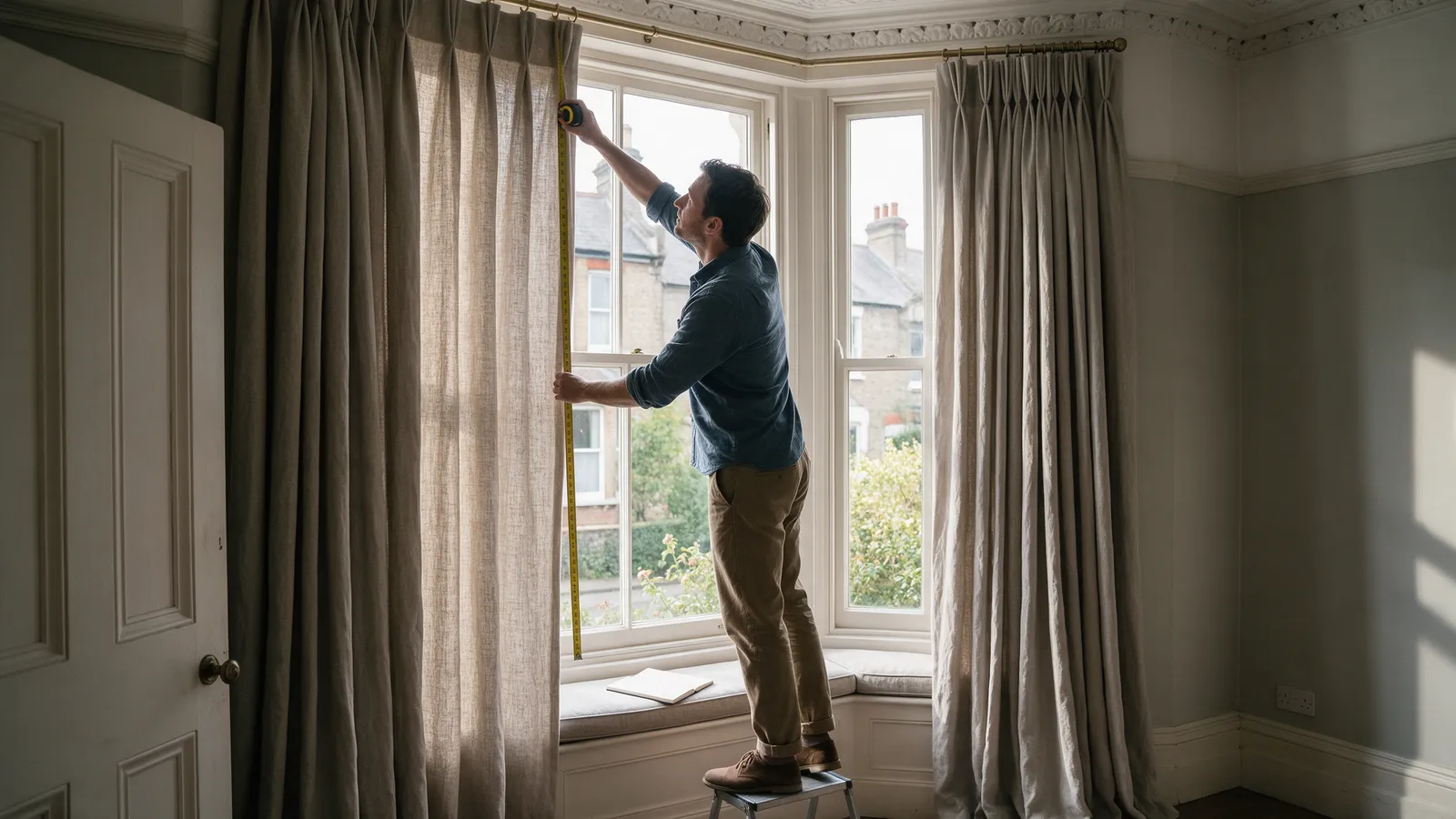 A tailor on a step stool measuring the drop of long linen curtains at a tall Victorian bay window, a notebook on the window seat