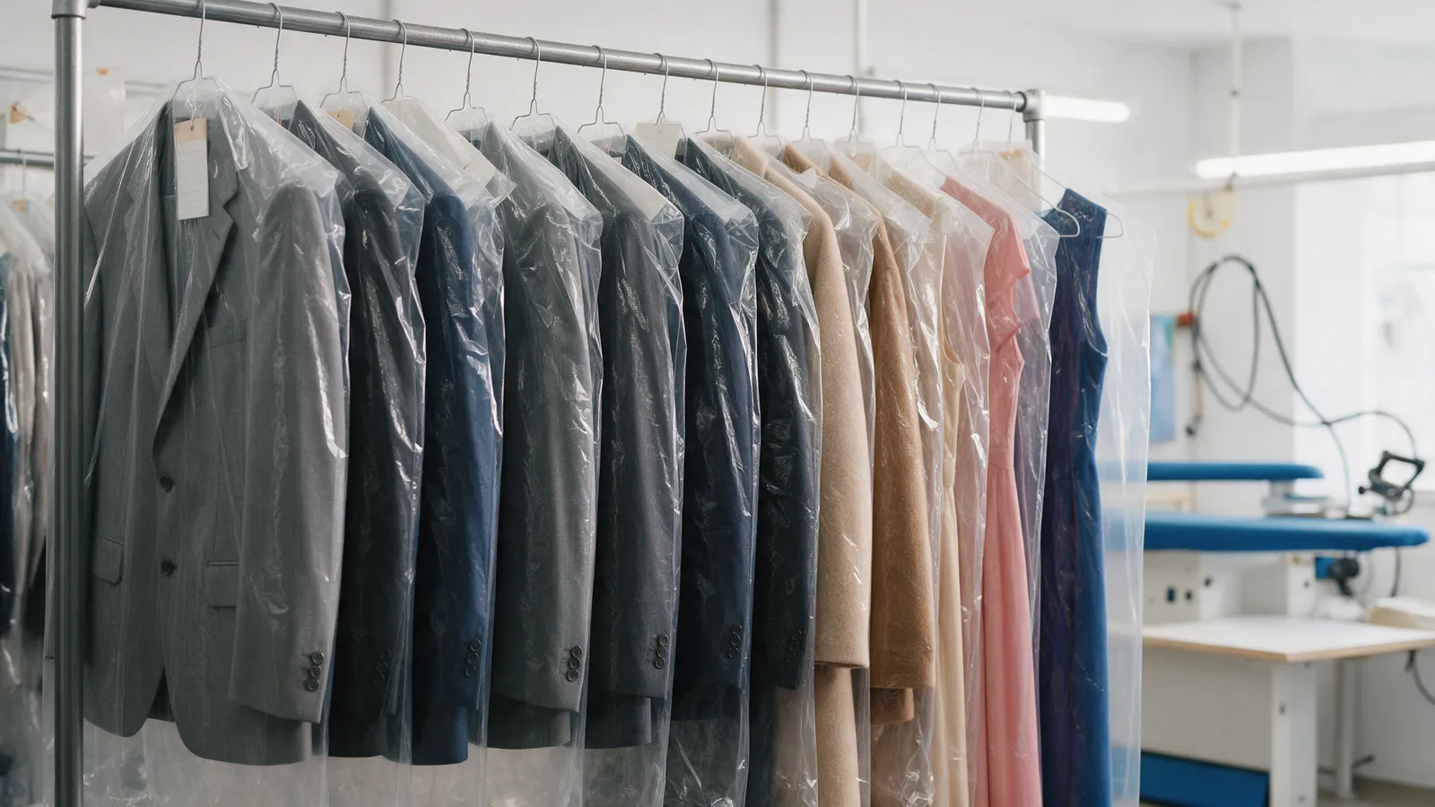 A rail of freshly pressed suits, coats and dresses in clear covers on hangers in a bright shop, a steam press visible behind