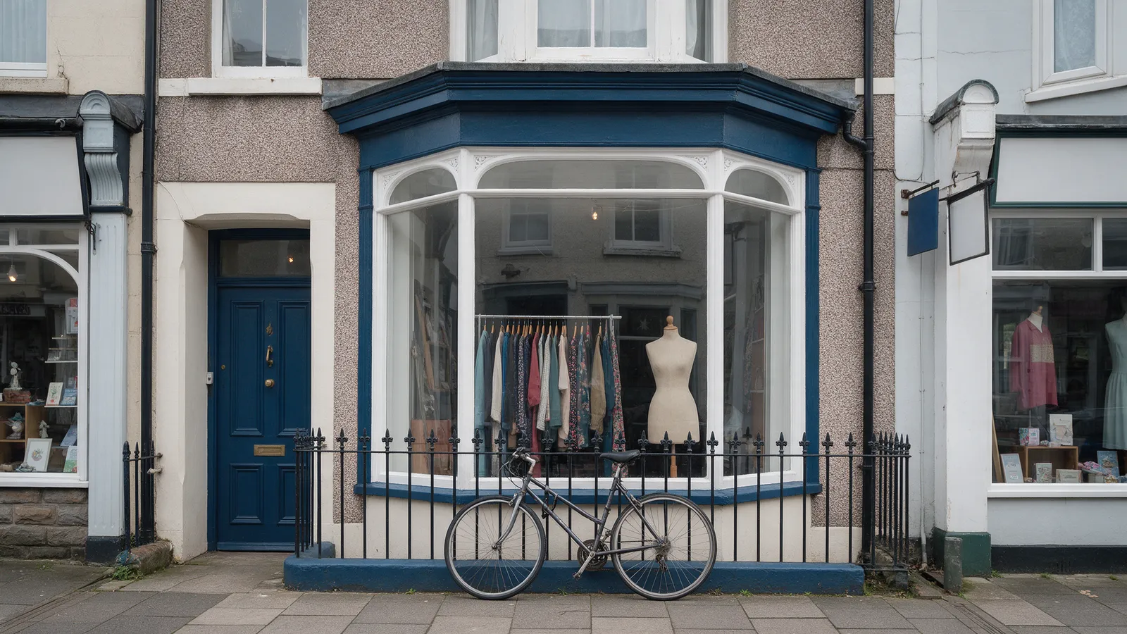 A Victorian shopfront with a deep bay window on a Penarth street, a rail of garments visible inside