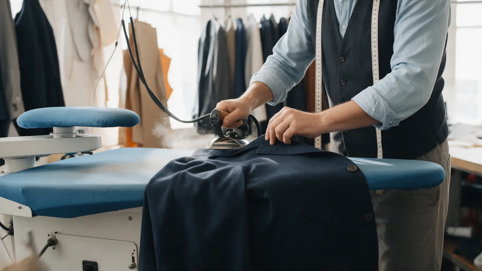 A tailor pressing the lapel of a navy jacket on a steam press in a bright workroom