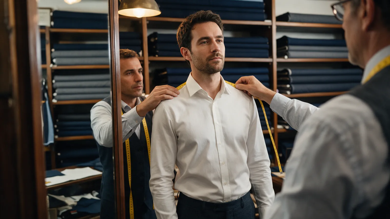 A tailor with a tape measure measuring the shoulders of a man in a white shirt in front of a mirror, bolts of navy and grey cloth on shelves behind