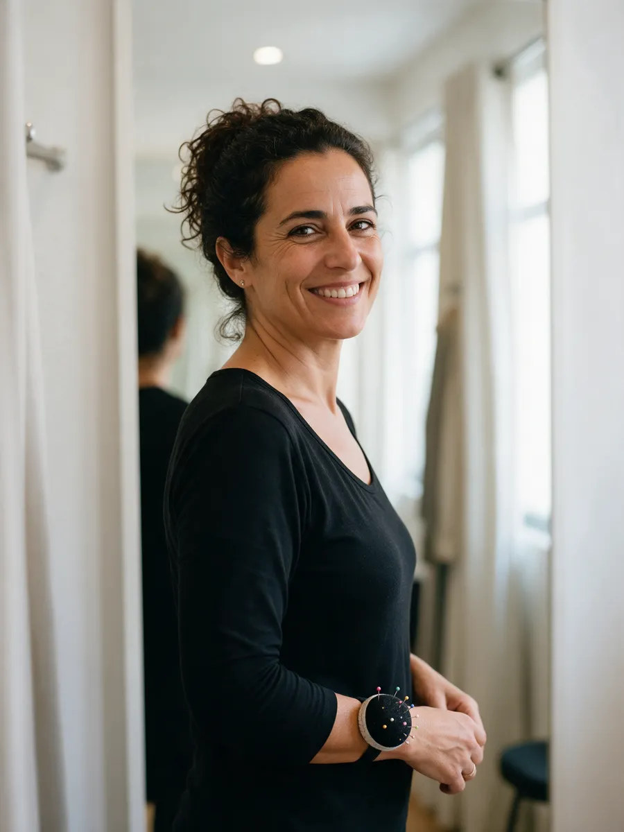 Ana Ferreira, a Portuguese woman in her forties with dark curly hair tied up, in a black top, smiling in a bright fitting room